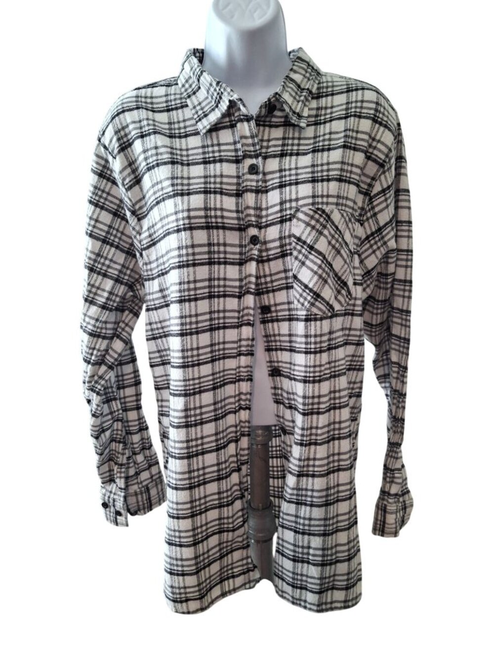 Speculation Womens XL Plaid Flannel Shirt Black White Button Down Grunge Oversiz